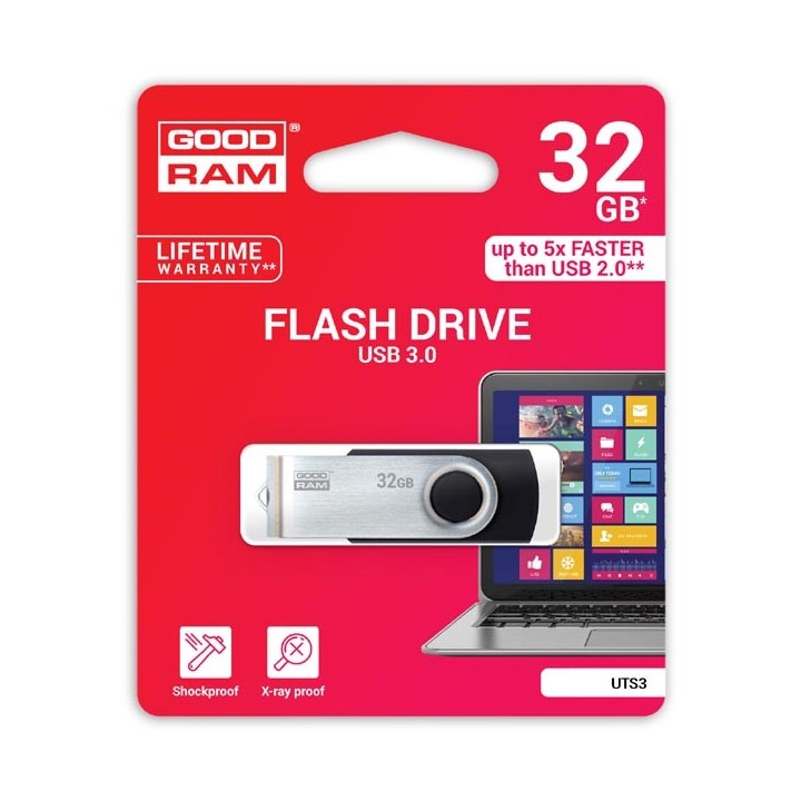 Goodram USB flash disk, USB 3.0, 32GB, UTS3, czarny, UTS3-0320K0R11, USB A, z obrotową osłoną
