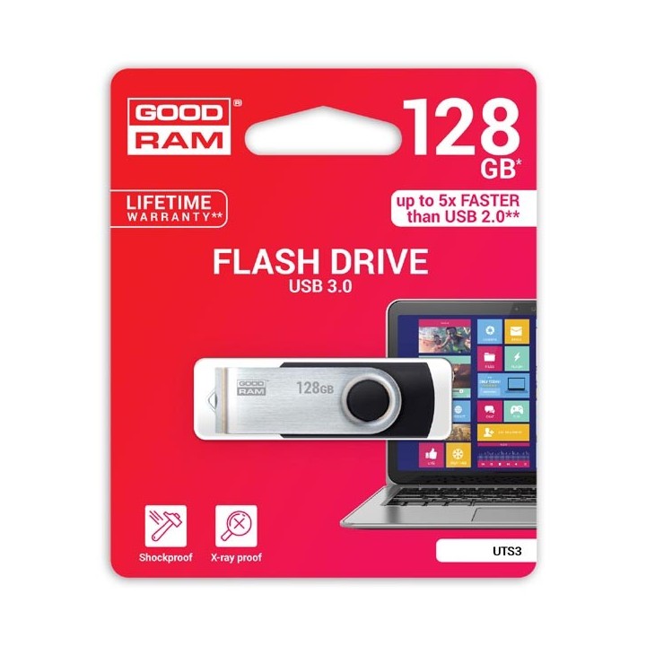 Goodram USB flash disk, USB 3.0, 128GB, UTS3, czarny, UTS3-1280K0R11, USB A, z obrotową osłoną