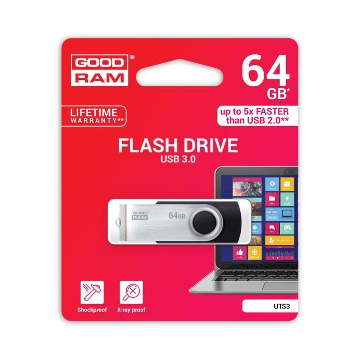 Goodram USB flash disk, USB 3.0, 64GB, UTS3, czarny, UTS3-0640K0R11, USB A, z obrotową osłoną