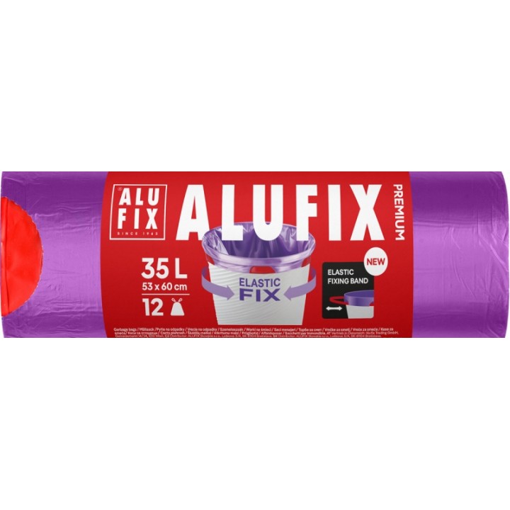 WORKI NA ŚMIECI LDPE ALUFIX ELASTIC FIX FIOLETOWE 35L 12SZT.