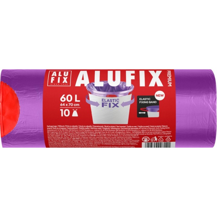 WORKI NA ŚMIECI LDPE ALUFIX ELASTIC FIX FIOLETOWE 60L 10SZT.