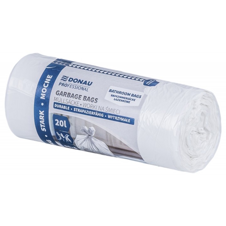 WORKI NA ŚMIECI HDPE MOCNE Z USZAMI ŁAZIENKOWE DONAU PROFESSIONAL BIAŁE 20L 30SZT.