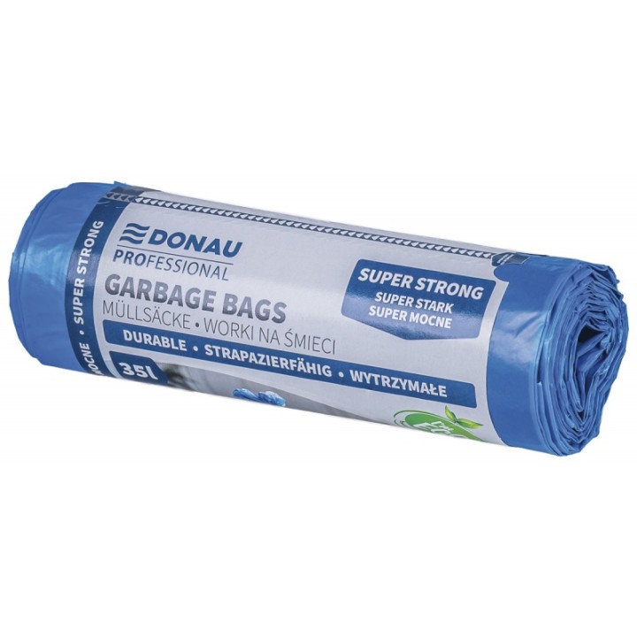 WORKI NA ŚMIECI LDPE SUPER MOCNE Z TAŚMĄ DONAU PROFESSIONAL NIEBIESKIE 35L 15SZT.
