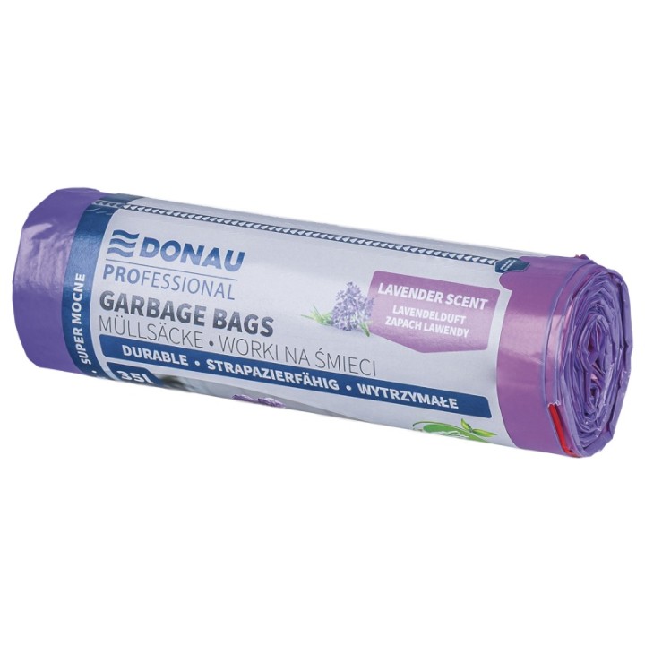 WORKI NA ŚMIECI LDPE SUPER MOCNE Z TAŚMĄ LAWENDOWE DONAU PROFESSIONAL FIOLETOWE 35L 15SZT.