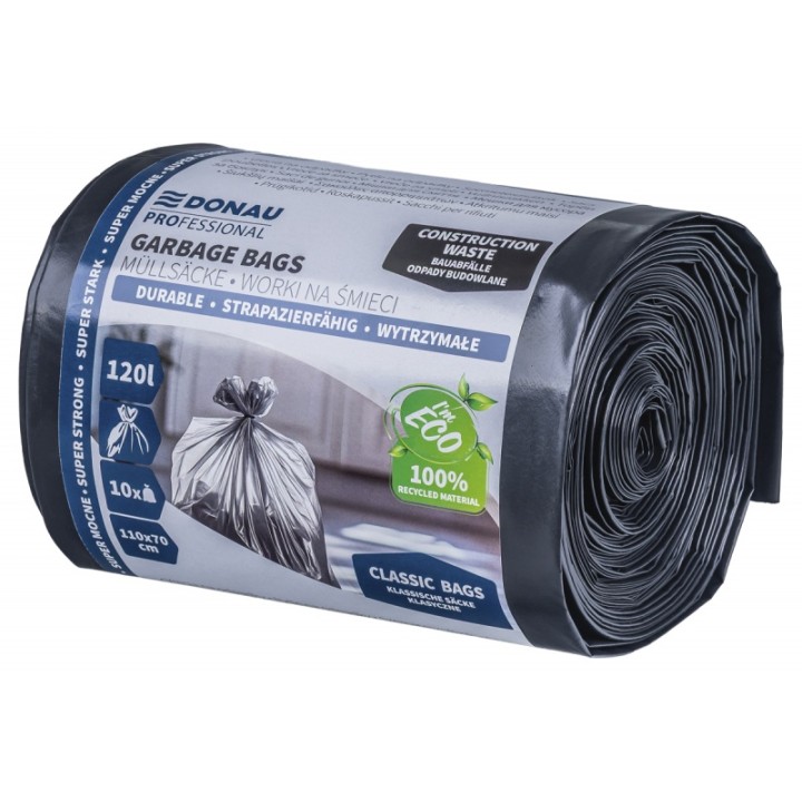 WORKI NA ŚMIECI LDPE SUPER MOCNE BUDOWLANE DONAU PROFESSIONAL CZARNE 120L 10SZT.