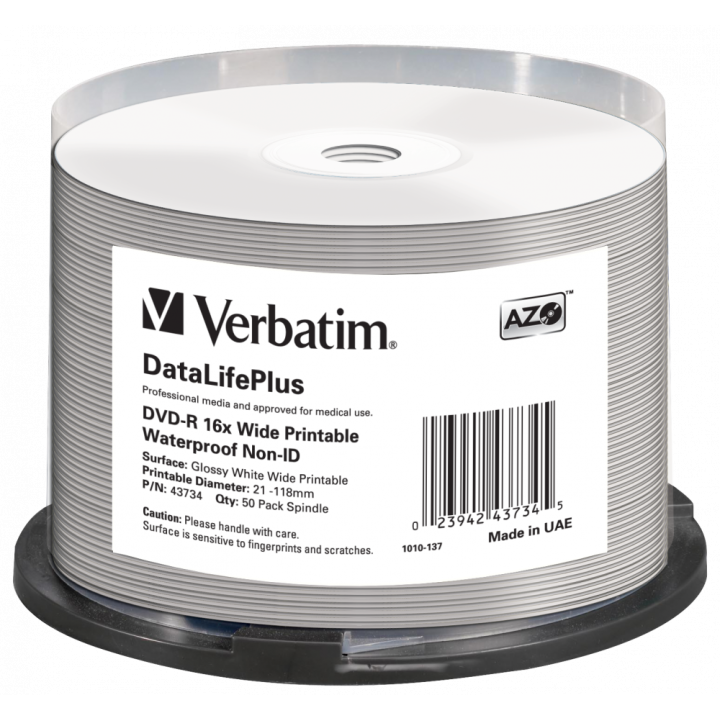 Verbatim DVD-R, Wide Printable Waterproof No ID Brand, 43734, 4.7GB, 16x, spindle, 50-pack, 12cm, do archiwizacji danych