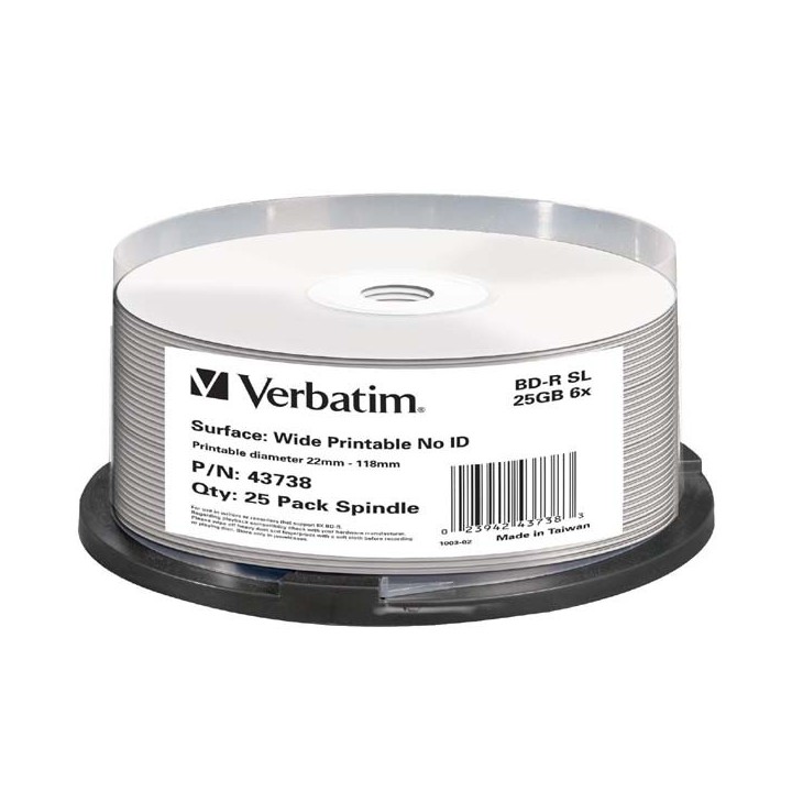 Verbatim BD-R, Single Layer Wide Printable No ID Surface Hard Coat, 25GB, cake box, 43738, 6x, 25-pack, do archiwizacji danych