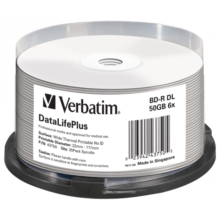 Verbatim BD-R, DL+ Wide Thermal Printable No Id Surface Hard Coat, 50GB, spindle, 43750, 6x, 25-pack, do archiwizacji danych
