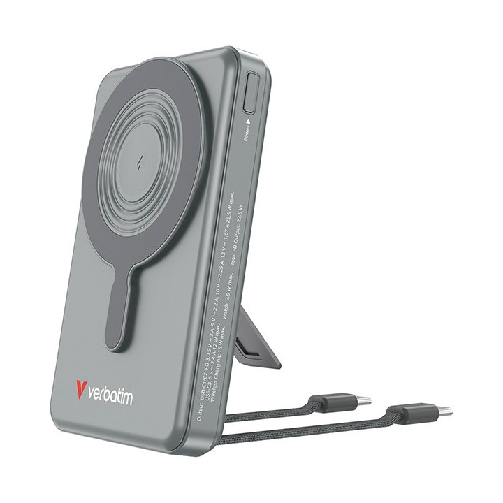 Verbatim power bank Charge n Go 2C Display, kabel 12V, ładowanie telefonu, 32272, 10000mAh, Mocowanie magnetyczne, Szary