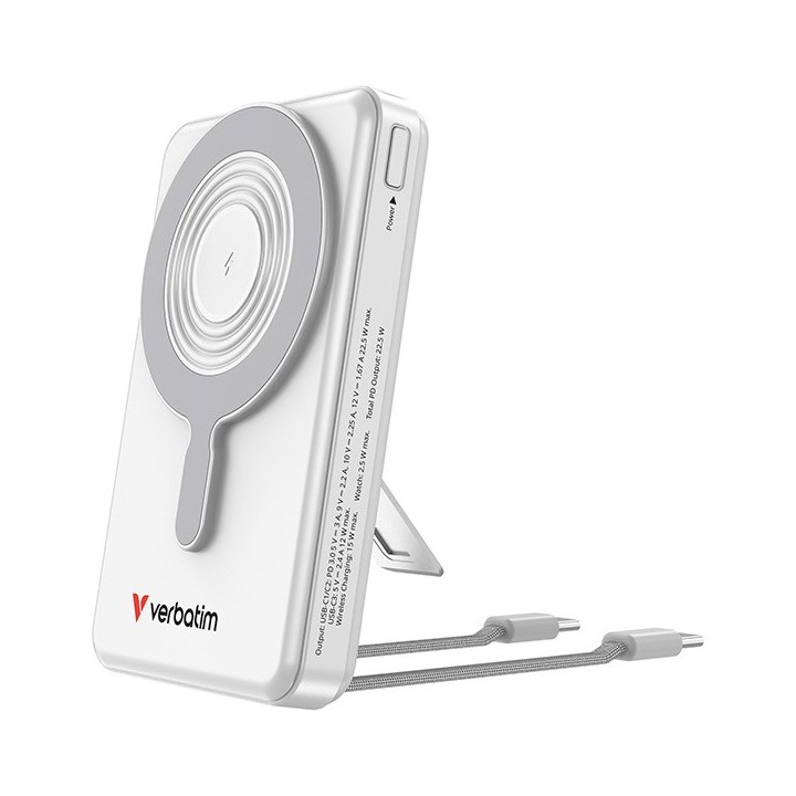 Verbatim power bank Charge n Go 2C Display, kabel 12V, ładowanie telefonu, 32273, 10000mAh, Mocowanie magnetyczne, srebrna