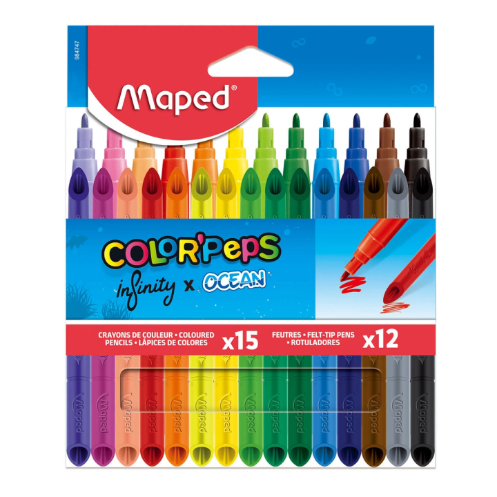 Zestaw MAPED kredki Infinity 15szt + Flamastry Ocean 12szt etui z zaw.