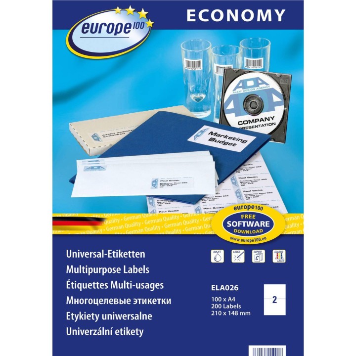 ETYKIETY SAMOPRZYLEPNE 210X148MM UNIWERSALNE AVERY ZWECKFORM ECONOMY ELA026 BIAŁE 100ARK*2SZT